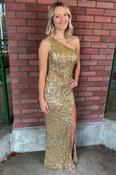 Golden Prom Dress Sequined One Shoulder Long Evening Dress with Fringes
